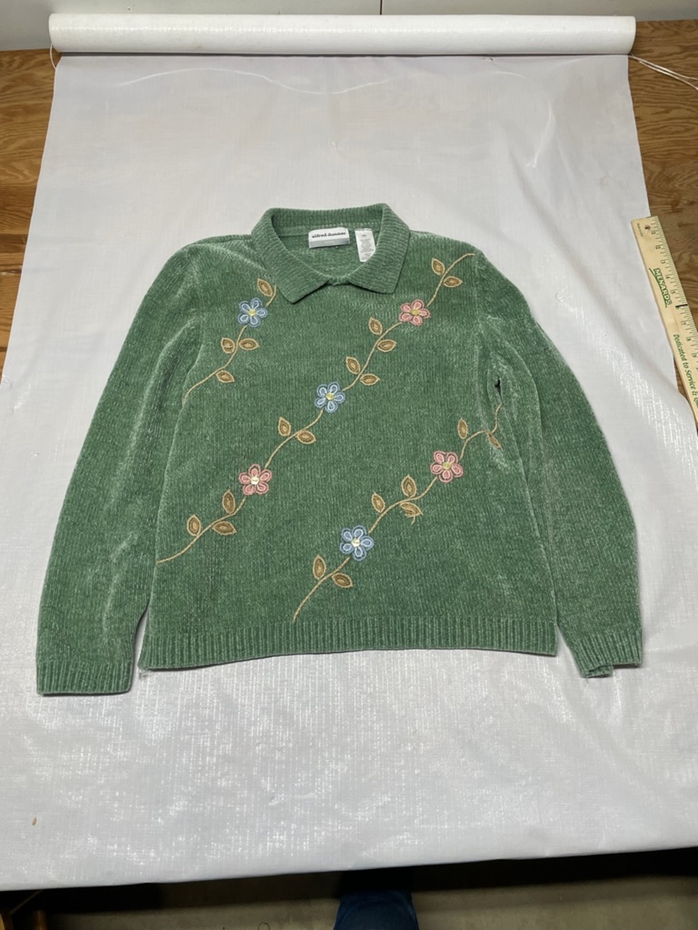 Liz Claiborne Green Collared Sweater with Pink & Blue Floral Embroidery